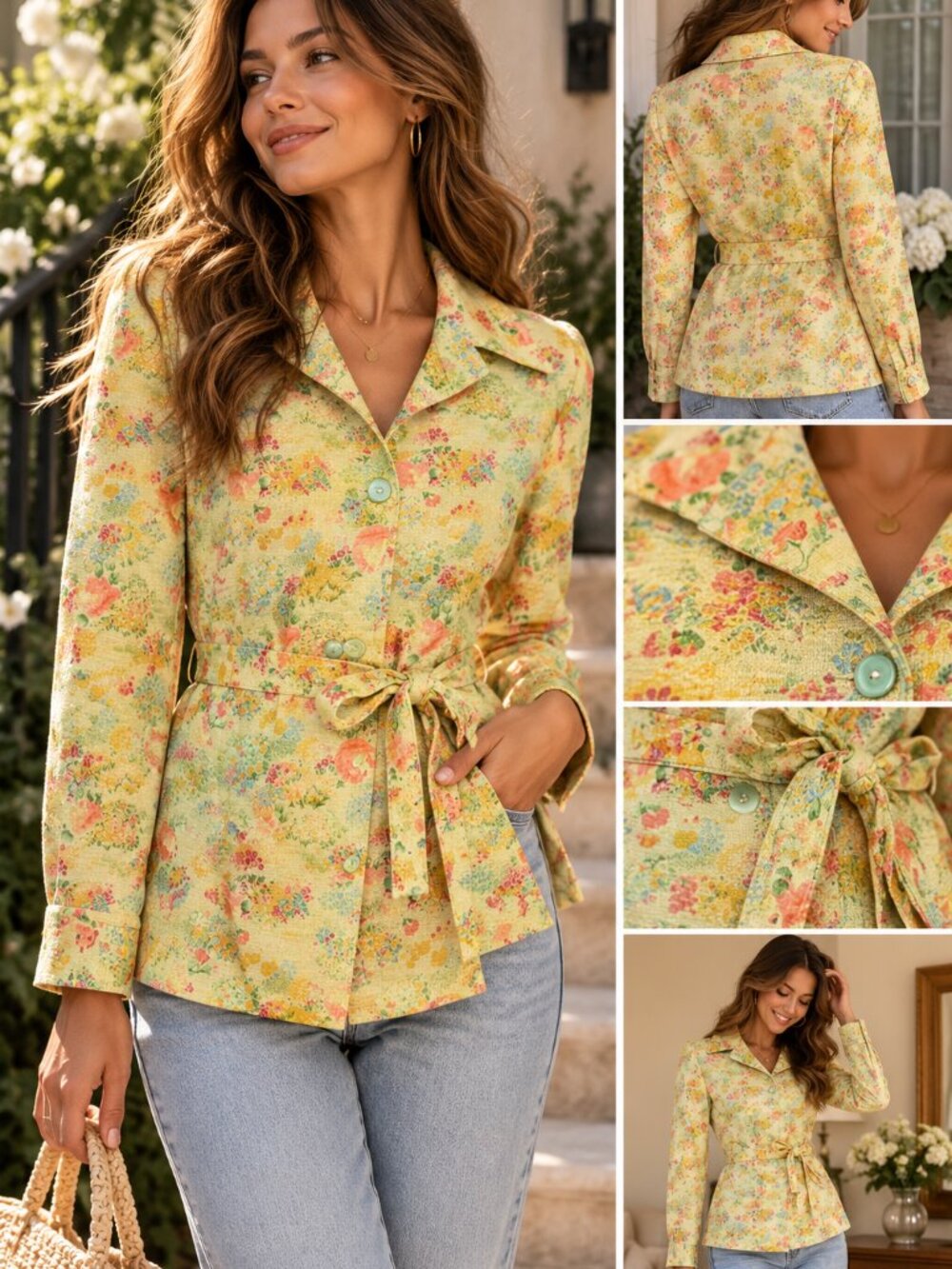 Vintage 60s 70s Hamilton 8 Dallas Floral Belted Jacket Top